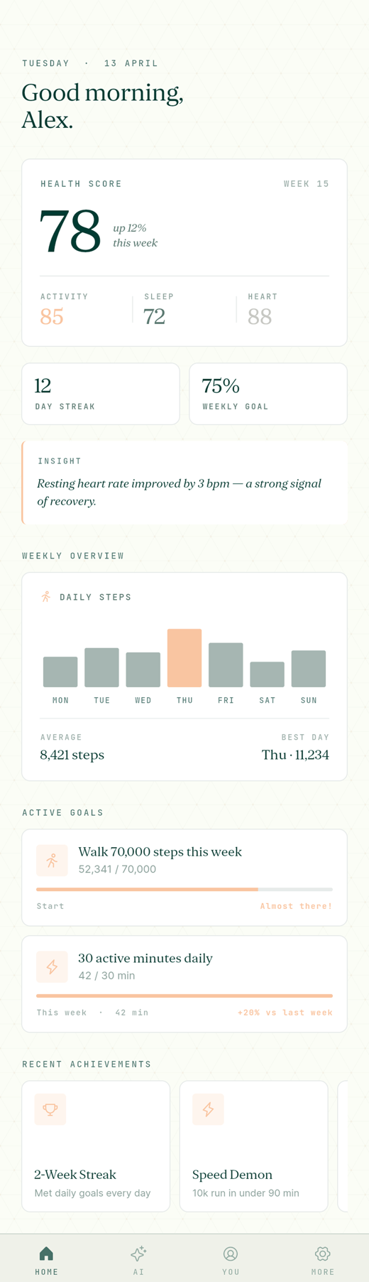 HEAL Access app dashboard: a daily wellness score of 78, activity, sleep and heart stats, weekly step trend, and active goals.