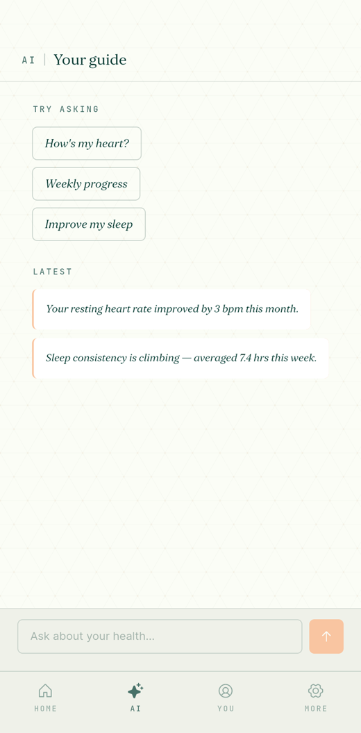 HEAL Access HEALix companion: an AI guide with suggested questions and the latest personalized health insights.